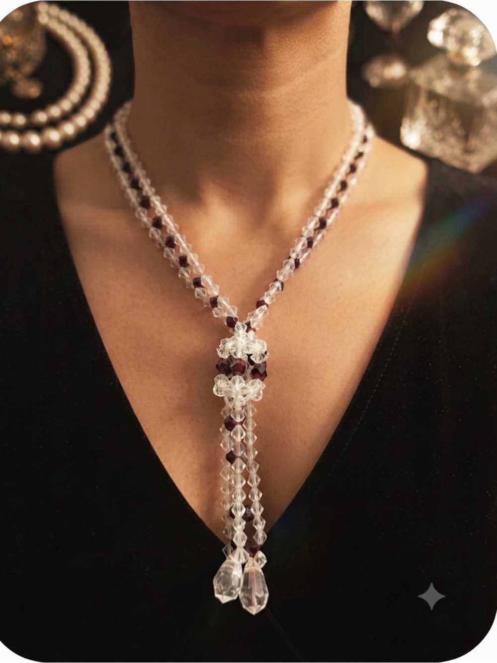 Swarovski Crystal and Garnet Necklace @ 26” full length